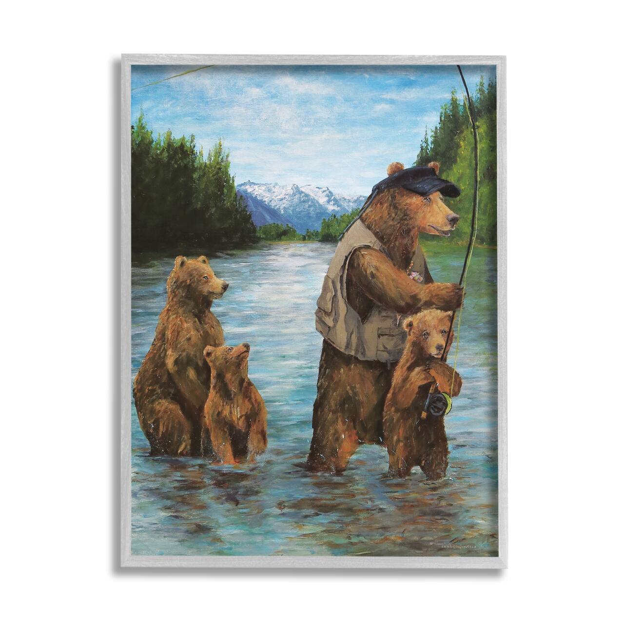 Stupell Industries Brown Grizzly Bear Family Fishing Mountain Lake Landscape Framed Giclee Art